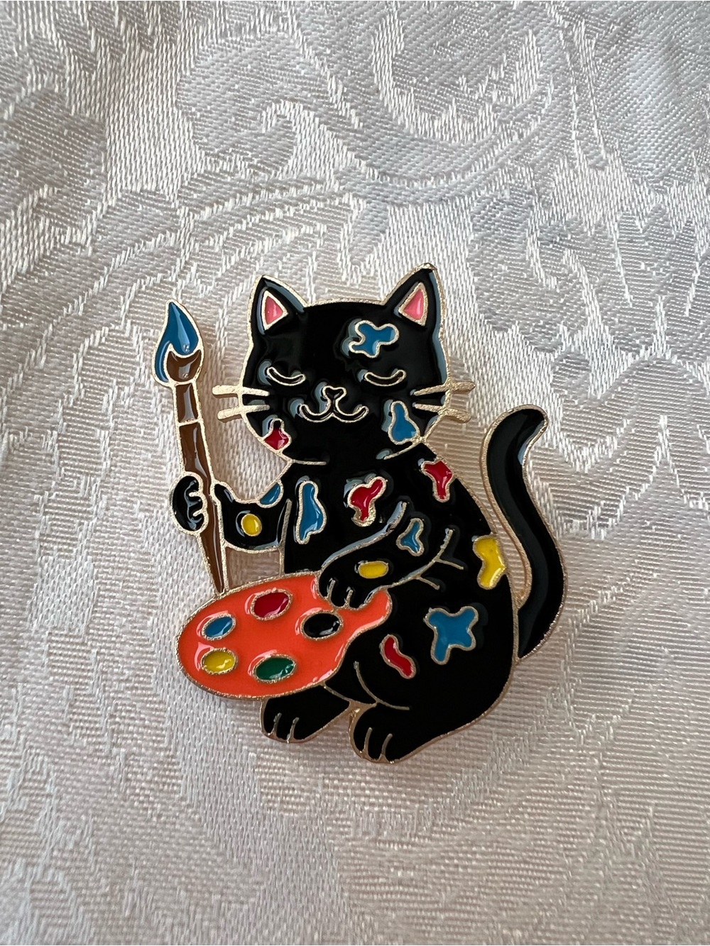 Black Artist Cat Enamel Brooch — Colorful Paint Palette Design